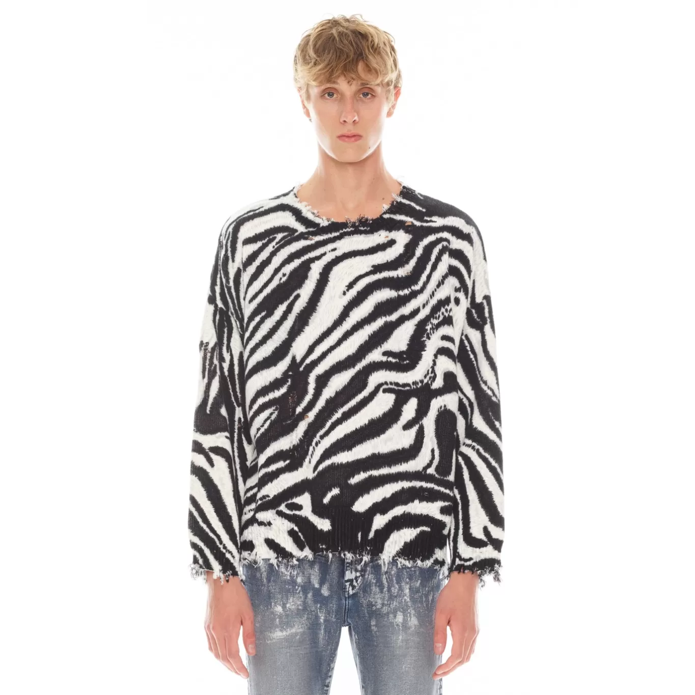 Cult Of Individuality Sweaters<CREW NECK SWEATER IN ZEBRA BLACK