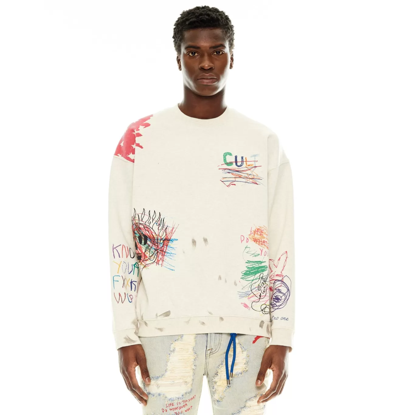 Cult Of Individuality Sweatshirts & Sweatpants<CREW NECK SWEATSHIRT IN VINTAGE WINTER CREAM WHITE