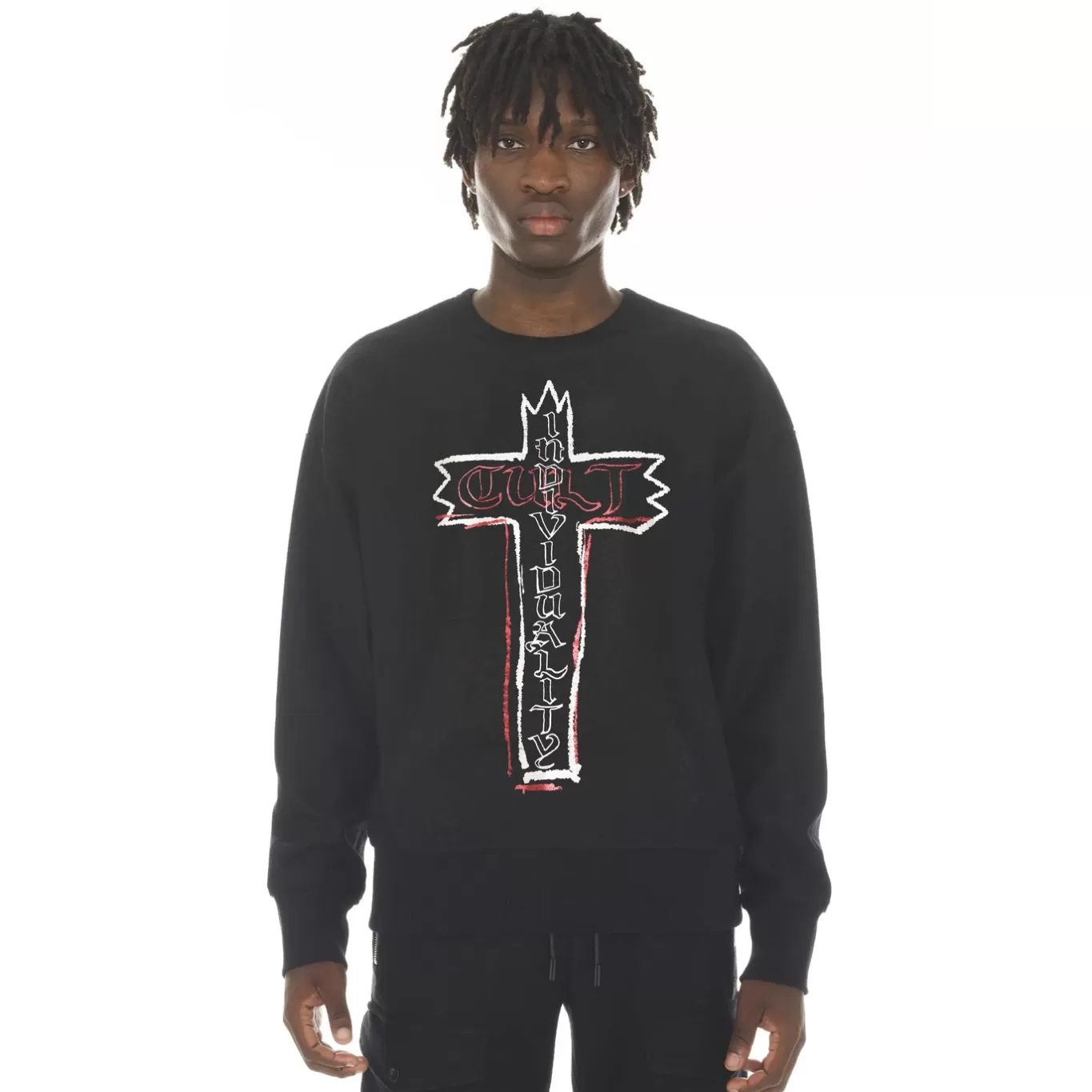 Cult Of Individuality Sweatshirts & Sweatpants<FRENCH TERRY CREW NECK SWEATSHIRT "CROSS" IN BLACK