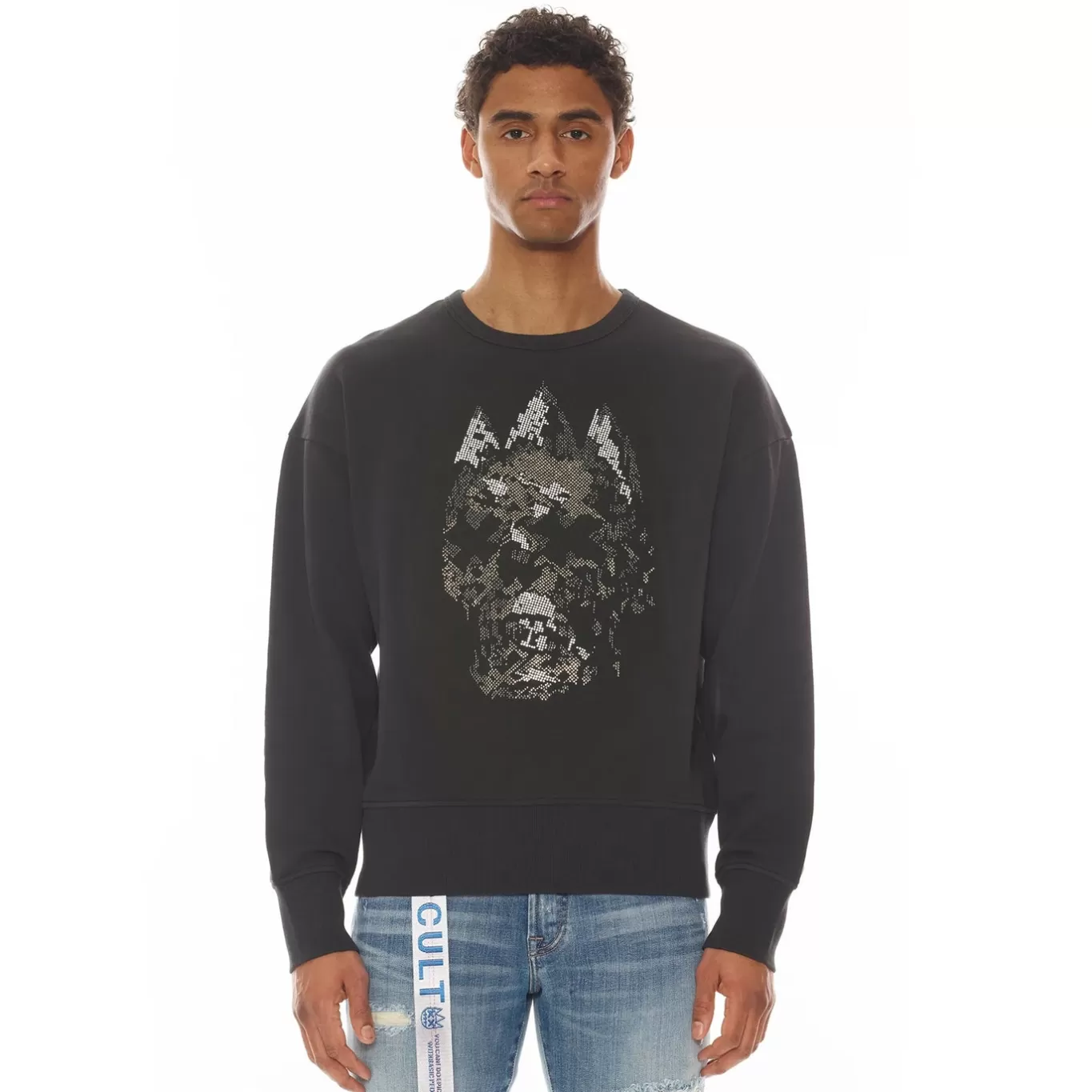 Cult Of Individuality Sweatshirts & Sweatpants<FRENCH TERRY CREWNECK SWEATSHIRT "CRYSTAL SKULL" IN BLACK