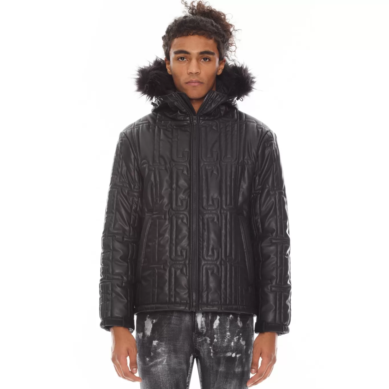 Cult Of Individuality Outerwear<LEATHER PUFFER JACKET WITH FUR HOOD IN BLACK