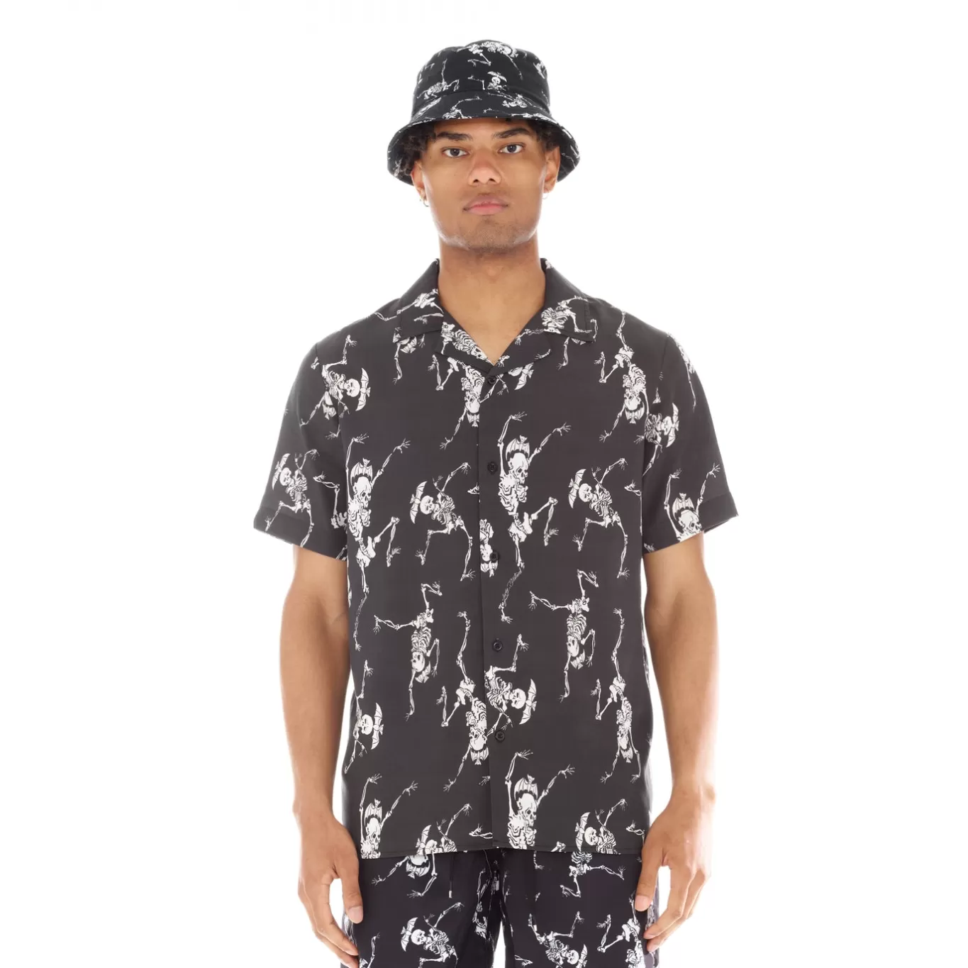 Cult Of Individuality Wovens<LUCKY BASTARD YAKUZA SHORT SLEEVE WOVEN "DANCING SKELETON" IN BLACK