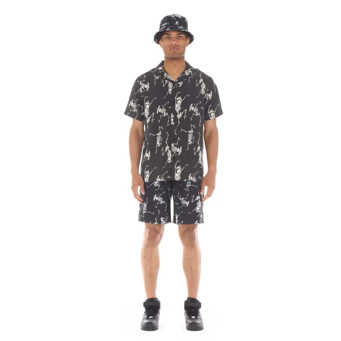 Cult Of Individuality Wovens<LUCKY BASTARD YAKUZA SHORT SLEEVE WOVEN "DANCING SKELETON" IN BLACK