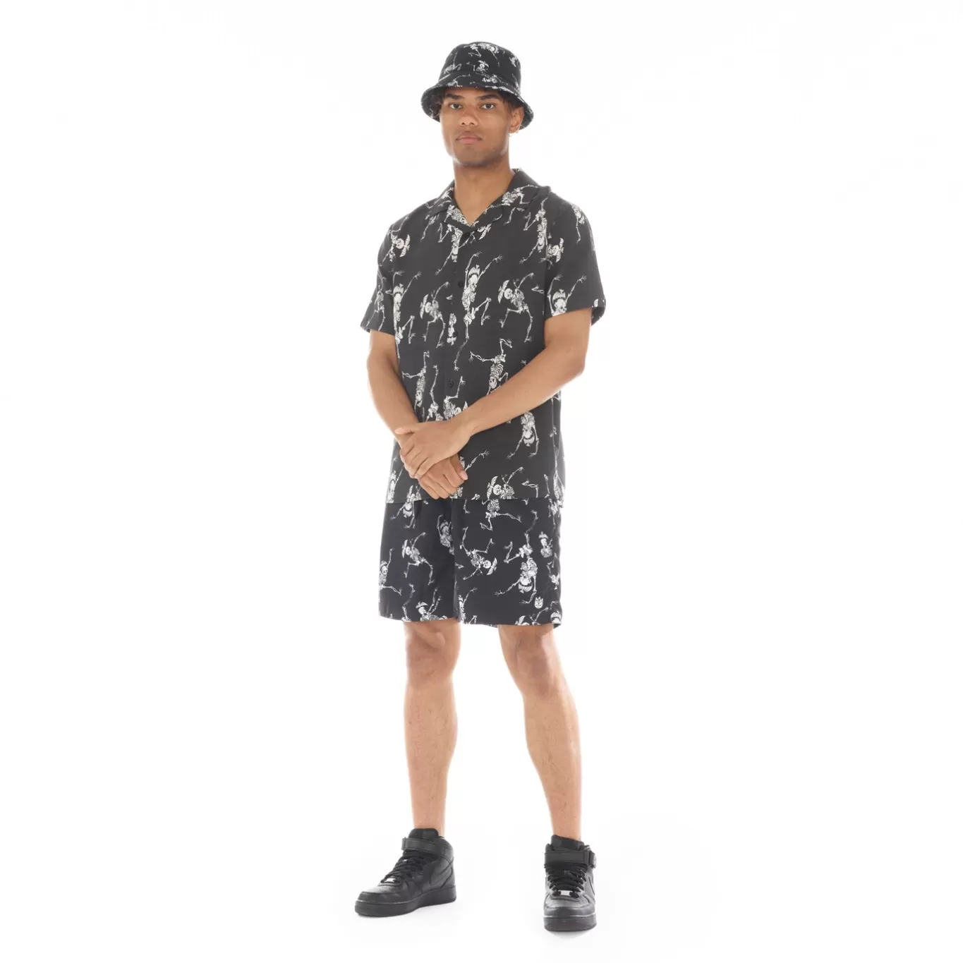 Cult Of Individuality Wovens<LUCKY BASTARD YAKUZA SHORT SLEEVE WOVEN "DANCING SKELETON" IN BLACK