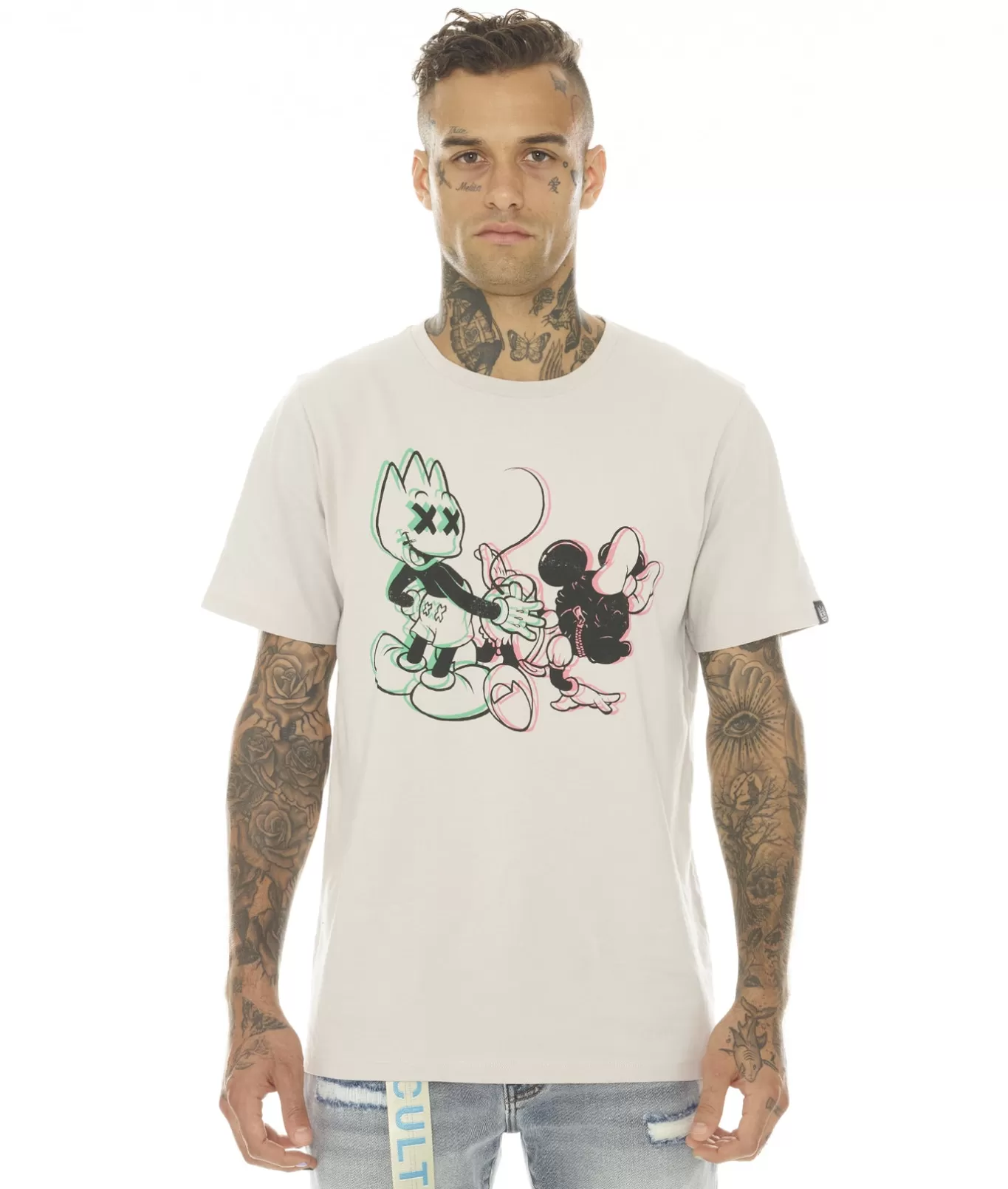 Cult Of Individuality T-Shirts<MENS T-SHIRT SLEEVE CREW NECK TEE "BAD BOY MICK"' IN SILVER GREY MULTI