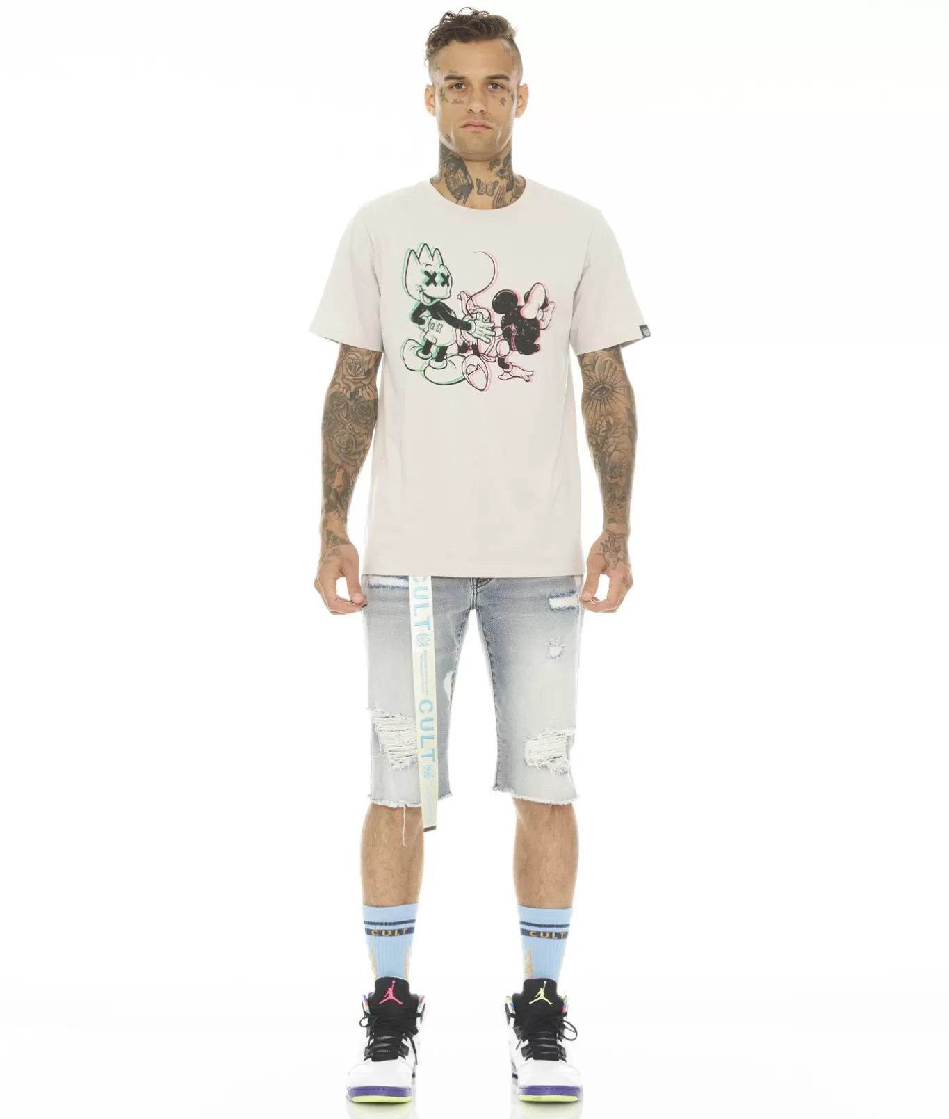 Cult Of Individuality T-Shirts<MENS T-SHIRT SLEEVE CREW NECK TEE "BAD BOY MICK"' IN SILVER GREY MULTI