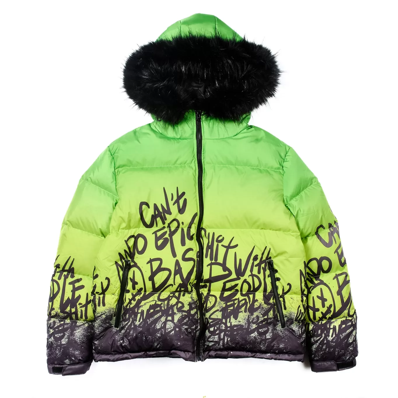 Cult Of Individuality Outerwear<PUFFER JACKET WITH FUR HOOD IN NEON YELLOW MULTI