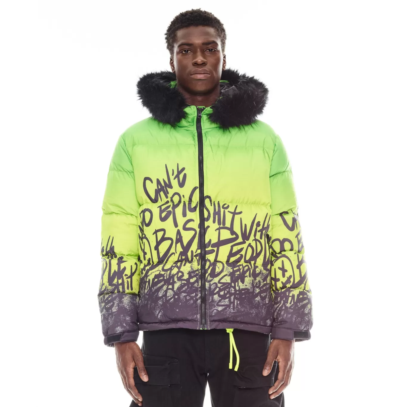 Cult Of Individuality Outerwear<PUFFER JACKET WITH FUR HOOD IN NEON YELLOW MULTI