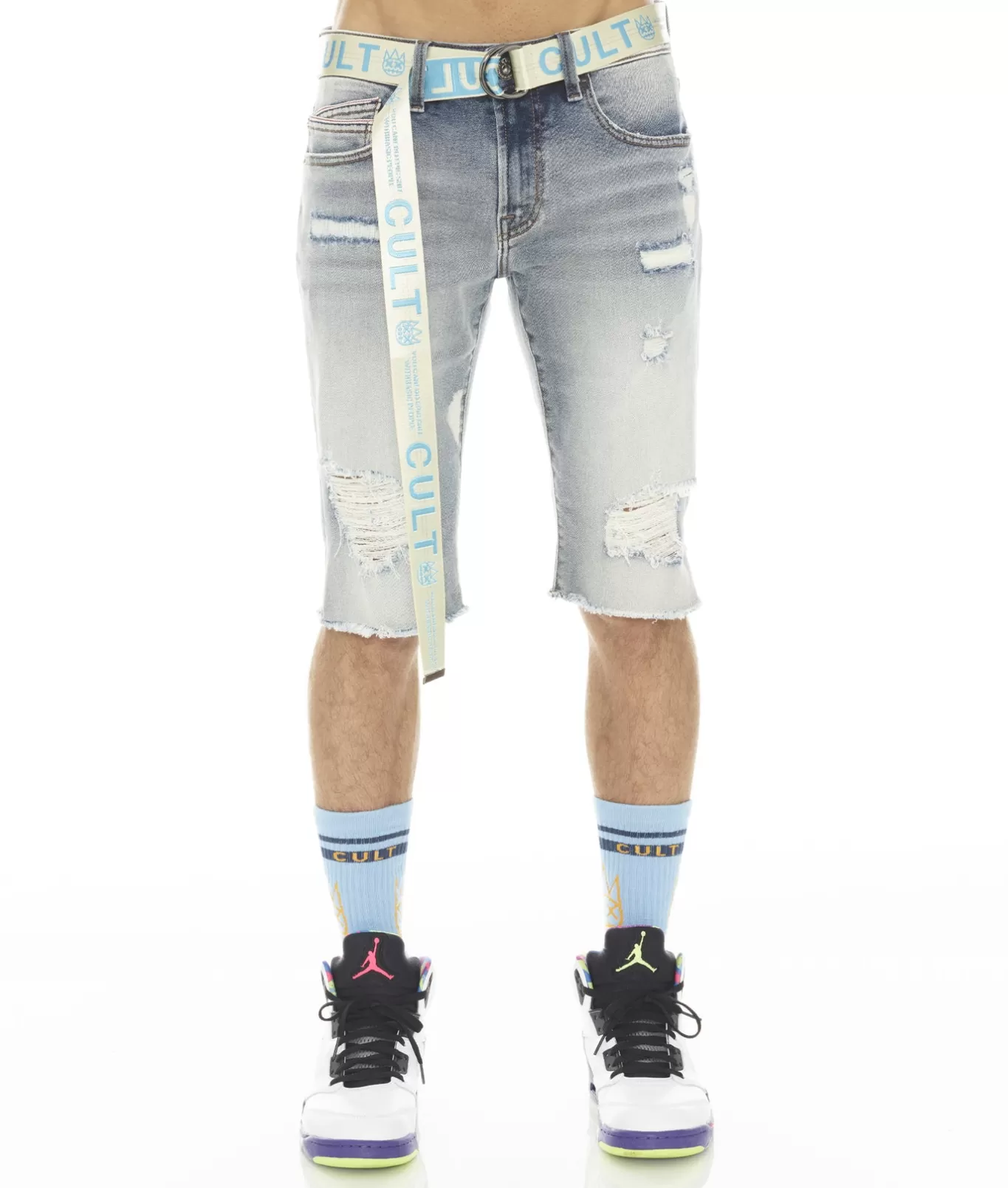 Cult Of Individuality Denim Shorts<ROCKER MENS SHORT STRETCH W/ BELT IN BLEACH BLUE