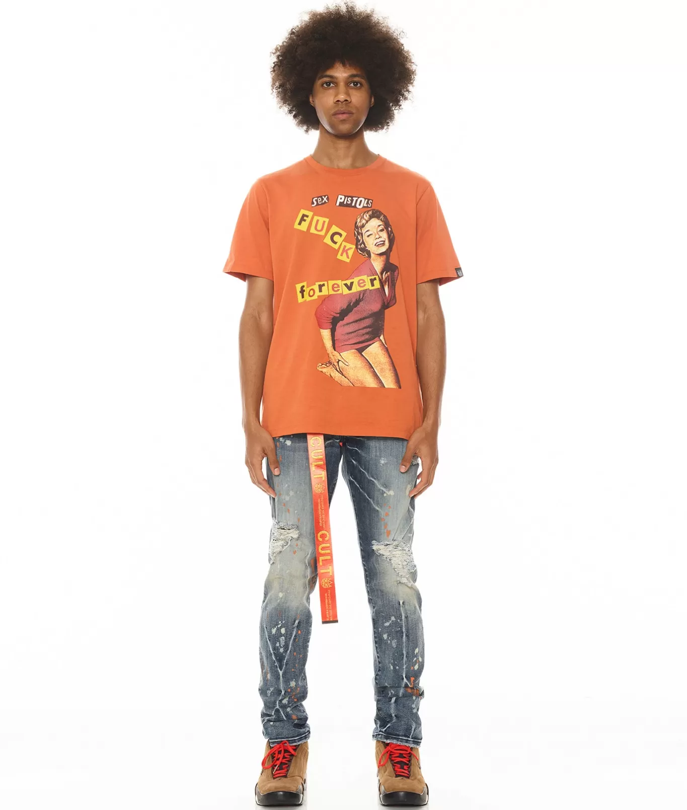 Cult Of Individuality T-Shirts<SHORT SLEEVE CREW NECK TEE "F**K FOREVER" "SEX PISTOLS" IN ARABESQUE ORANGE