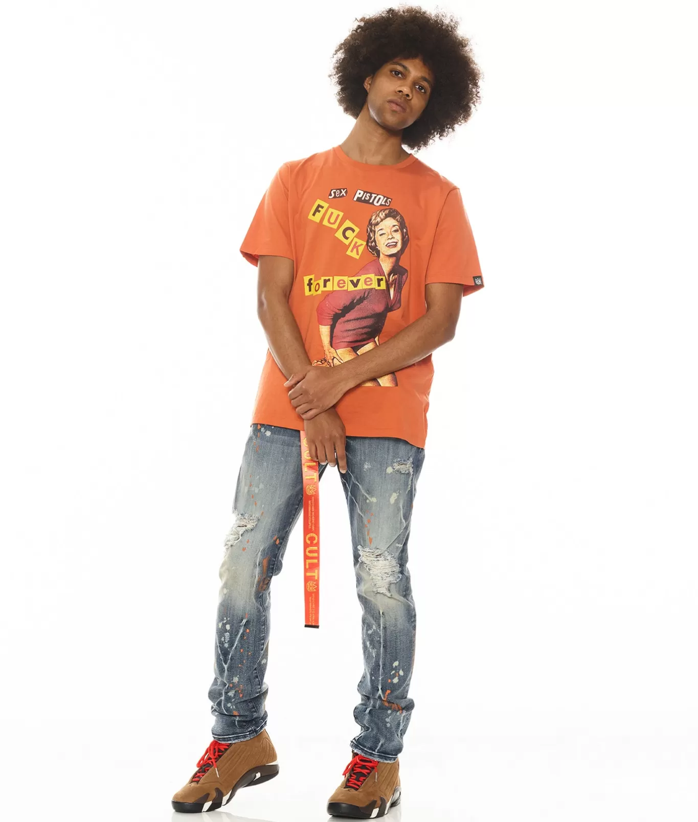 Cult Of Individuality T-Shirts<SHORT SLEEVE CREW NECK TEE "F**K FOREVER" "SEX PISTOLS" IN ARABESQUE ORANGE