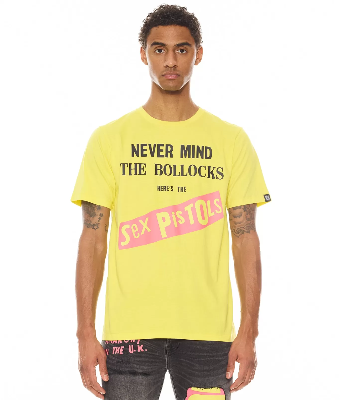 Cult Of Individuality T-Shirts<SHORT SLEEVE CREW NECK TEE "NEVER MIND THE BOLLOCKS" IN YELLOW