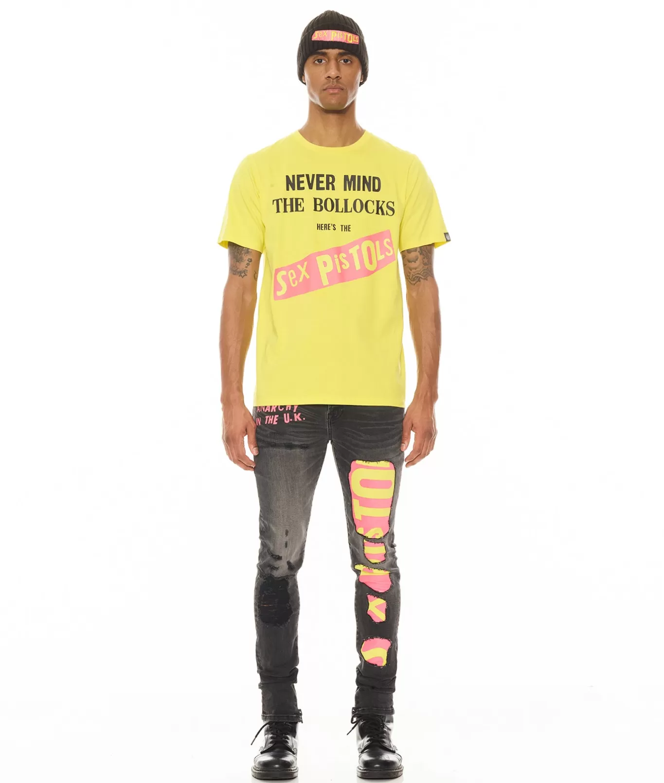Cult Of Individuality T-Shirts<SHORT SLEEVE CREW NECK TEE "NEVER MIND THE BOLLOCKS" IN YELLOW