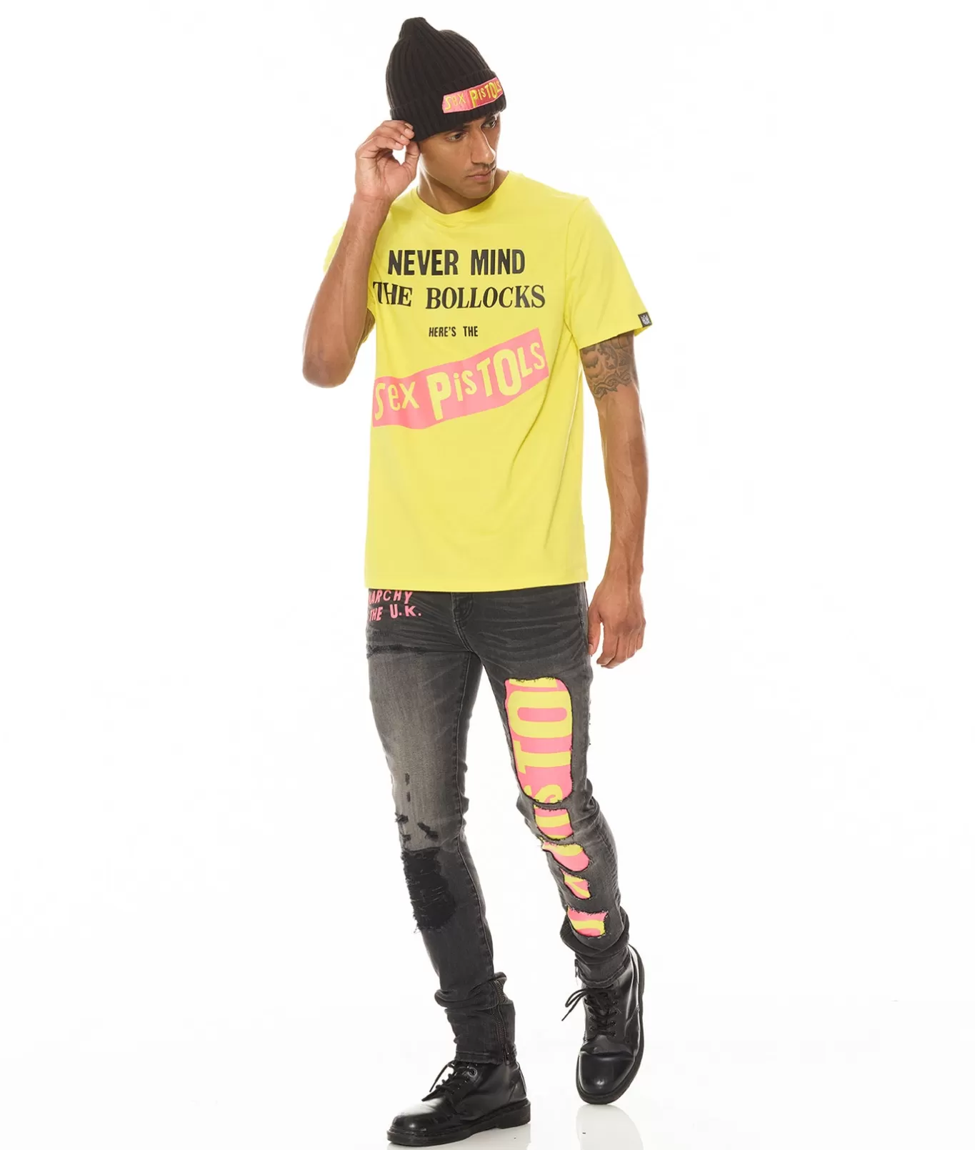 Cult Of Individuality T-Shirts<SHORT SLEEVE CREW NECK TEE "NEVER MIND THE BOLLOCKS" IN YELLOW