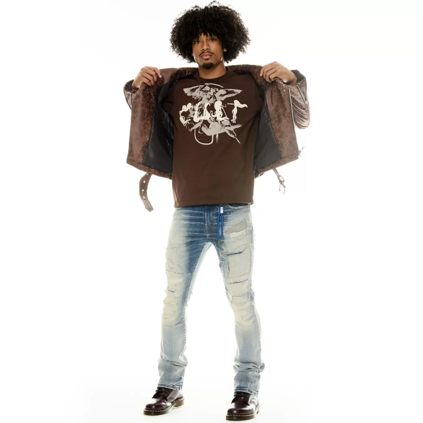 Cult Of Individuality T-Shirts<SHORT SLEEVE CREW NECK TEE "ANGELS & DEMONS" IN PINECONE BROWN