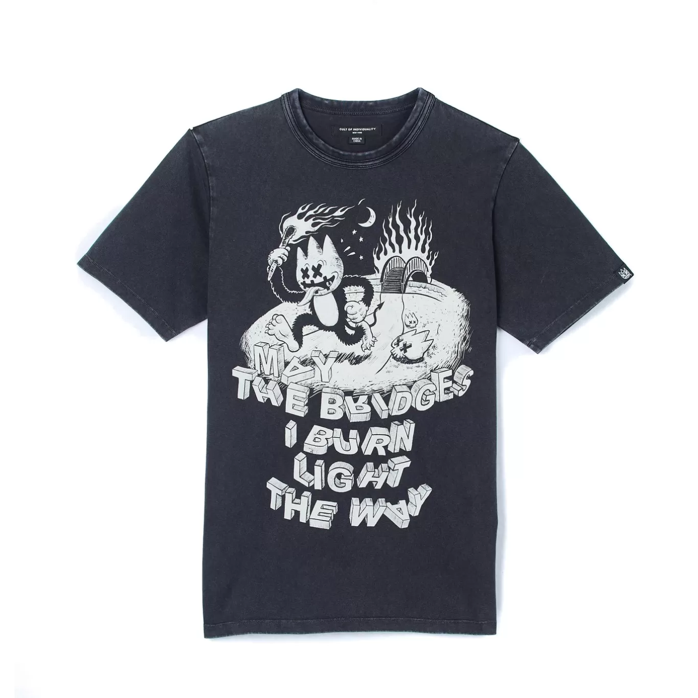 Cult Of Individuality T-Shirts<SHORT SLEEVE CREW NECK TEE "MAY THE BRIDGES I BURN" IN VINTAGE CHARCOAL GREY