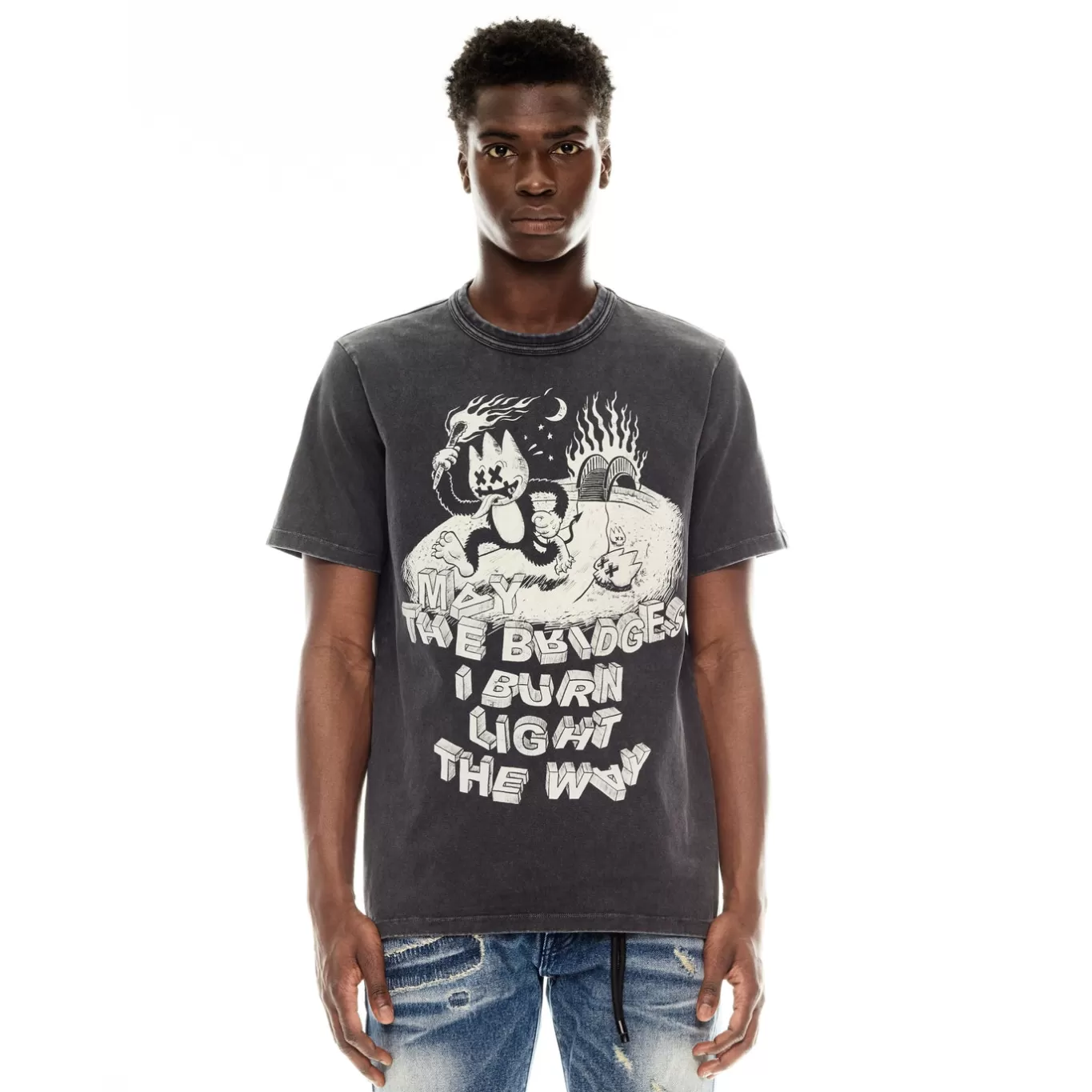 Cult Of Individuality T-Shirts<SHORT SLEEVE CREW NECK TEE "MAY THE BRIDGES I BURN" IN VINTAGE CHARCOAL GREY