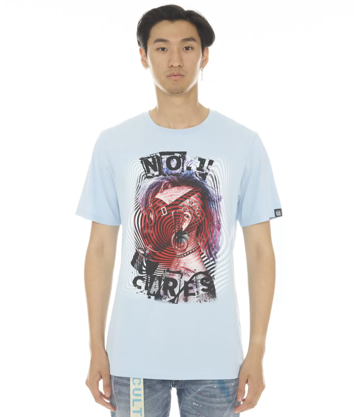 Cult Of Individuality T-Shirts<SHORT SLEEVE CREW NECK TEE "NO1 CARES" IN BABY BLUE