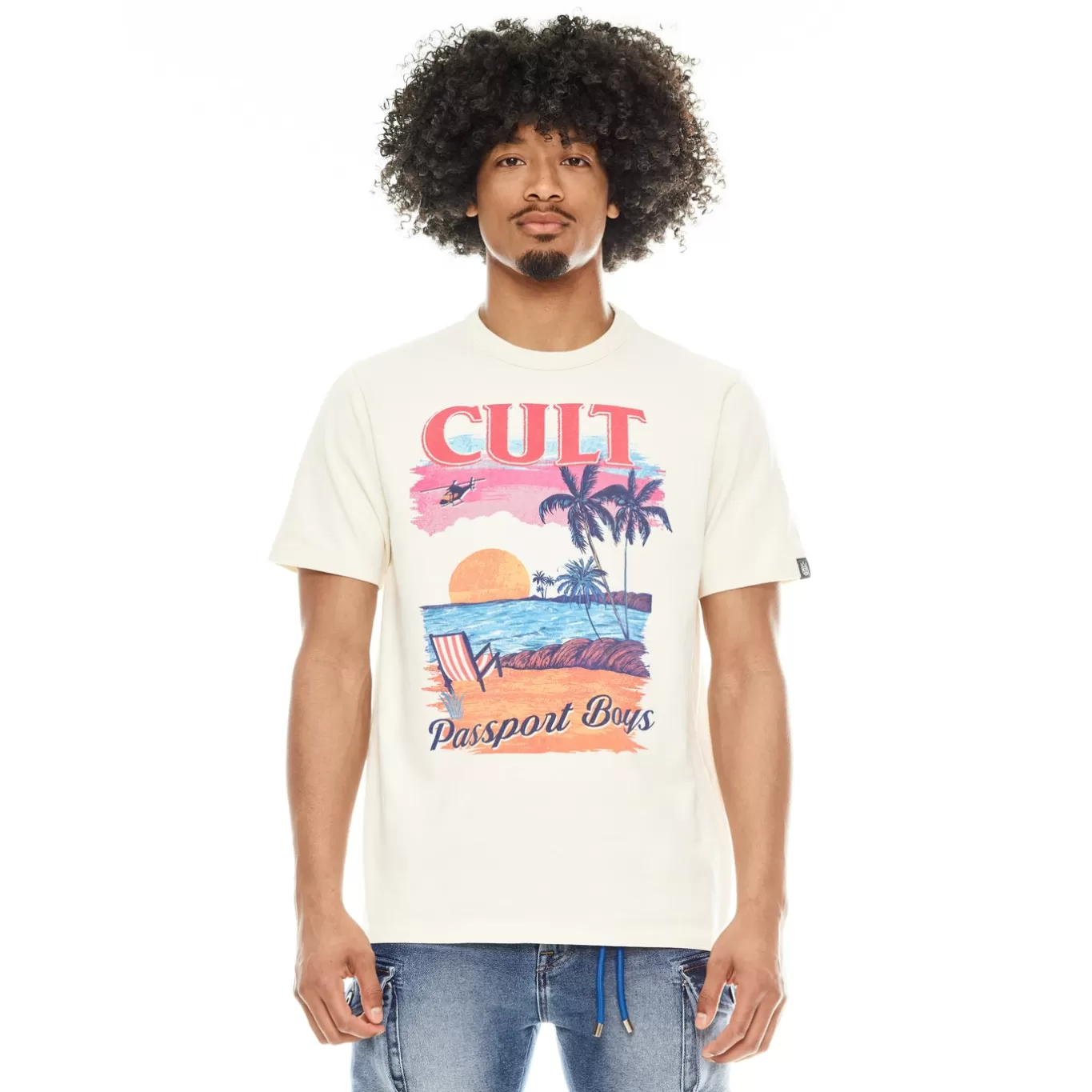 Cult Of Individuality T-Shirts<SHORT SLEEVE CREW NECK TEE "PASSPORT BOYS" IN WINTER CREAM WHITE