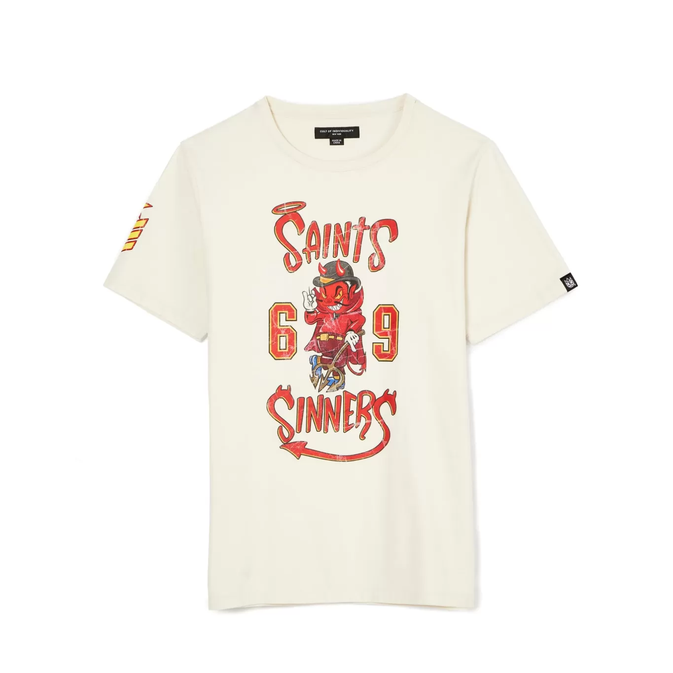 Cult Of Individuality T-Shirts<SHORT SLEEVE CREW NECK TEE "SAINTS & SINNERS" IN WINTER WHITE