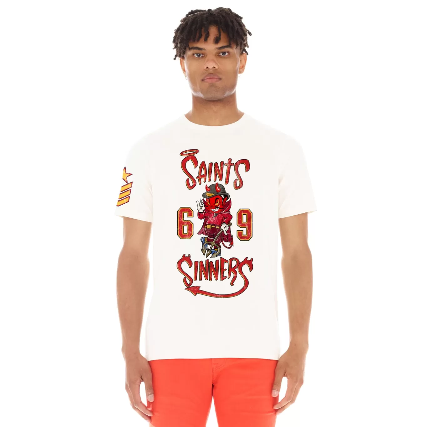 Cult Of Individuality T-Shirts<SHORT SLEEVE CREW NECK TEE "SAINTS & SINNERS" IN WINTER WHITE