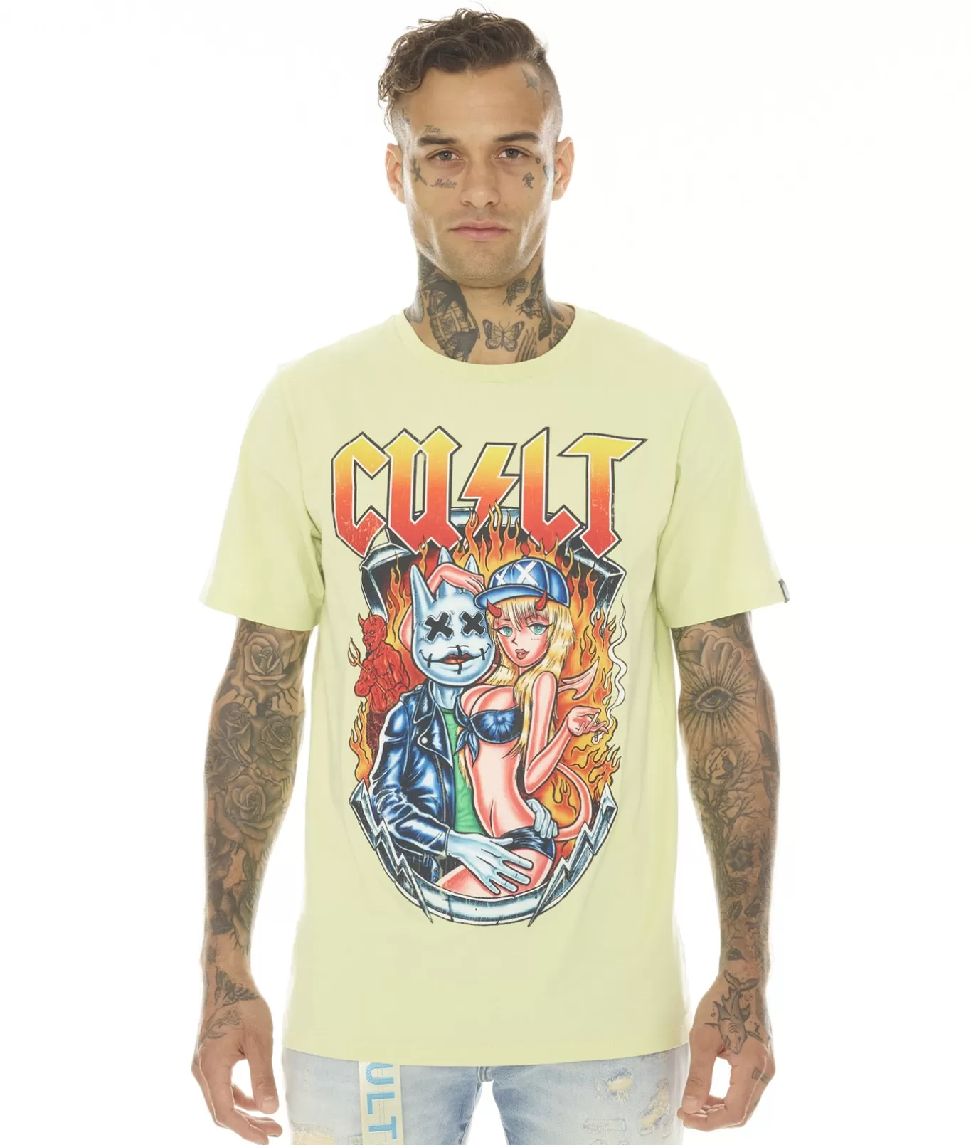 Cult Of Individuality T-Shirts<SHORT SLEEVE CREW NECK TEE "VIXEN" IN CITRON GREEN