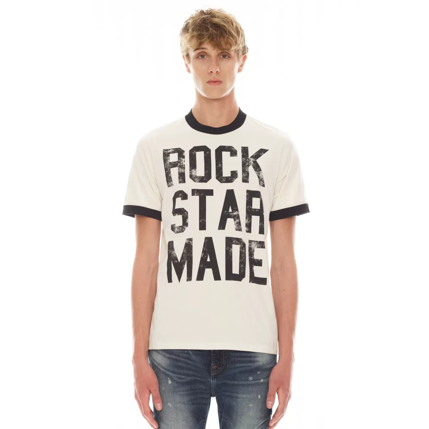Cult Of Individuality T-Shirts<SHORT SLEEVE RINGER CREW NECK TEE 26/1'S "FUCK ME IM IN A BAND" IN WINTER WHITE