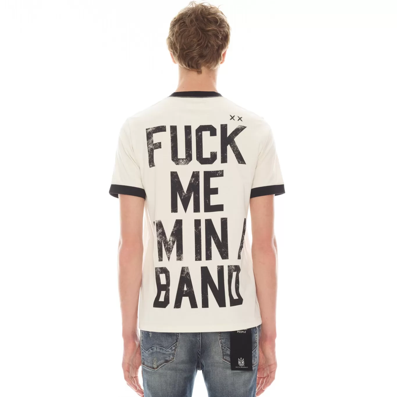 Cult Of Individuality T-Shirts<SHORT SLEEVE RINGER CREW NECK TEE 26/1'S "FUCK ME IM IN A BAND" IN WINTER WHITE