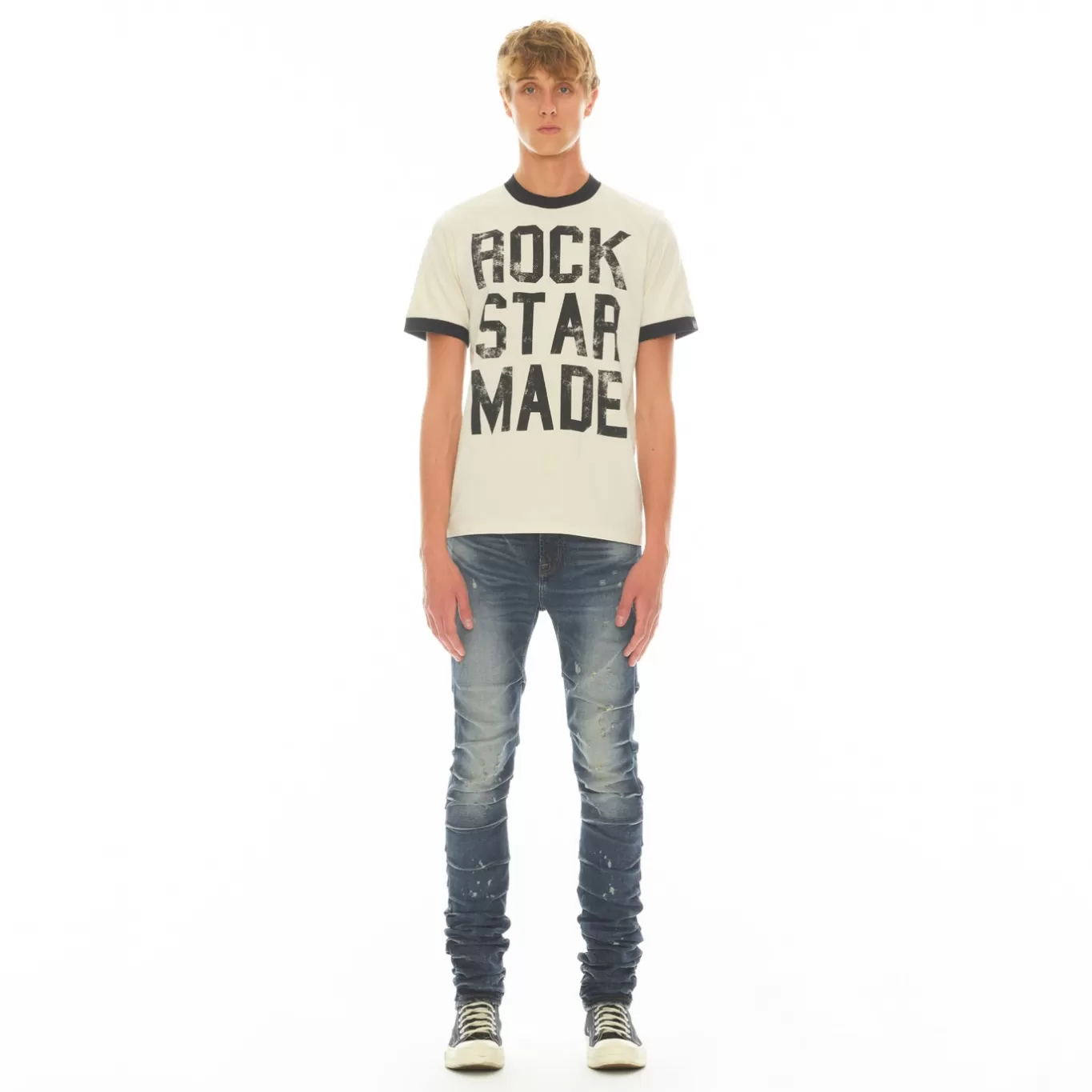 Cult Of Individuality T-Shirts<SHORT SLEEVE RINGER CREW NECK TEE 26/1'S "FUCK ME IM IN A BAND" IN WINTER WHITE