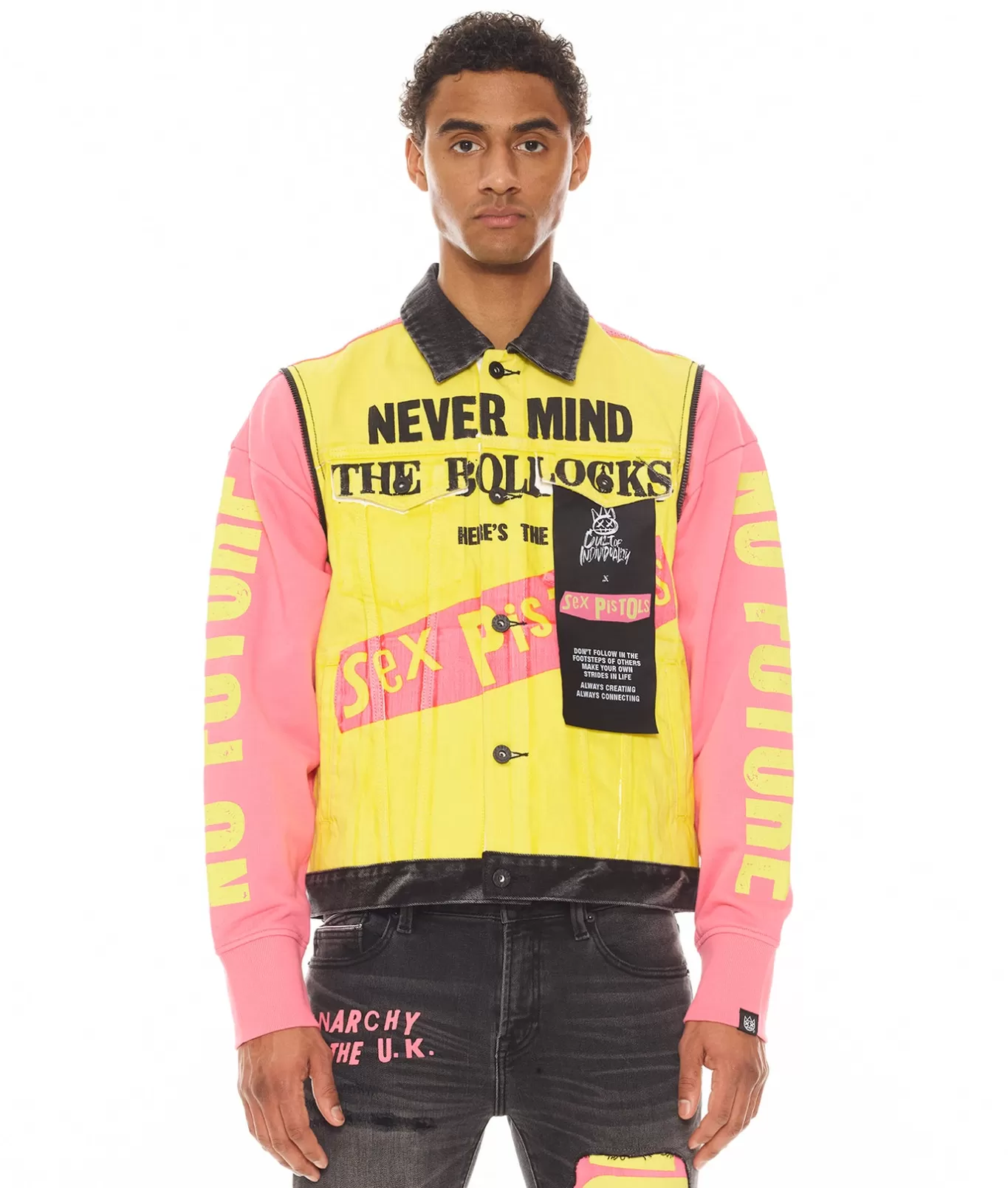 Cult Of Individuality Denim Jackets | Denim Jackets<TYPE II JACKET WITH ZIP OFF SLEEVES "SEX PISTOLS" IN BOLLOCKS MULTI