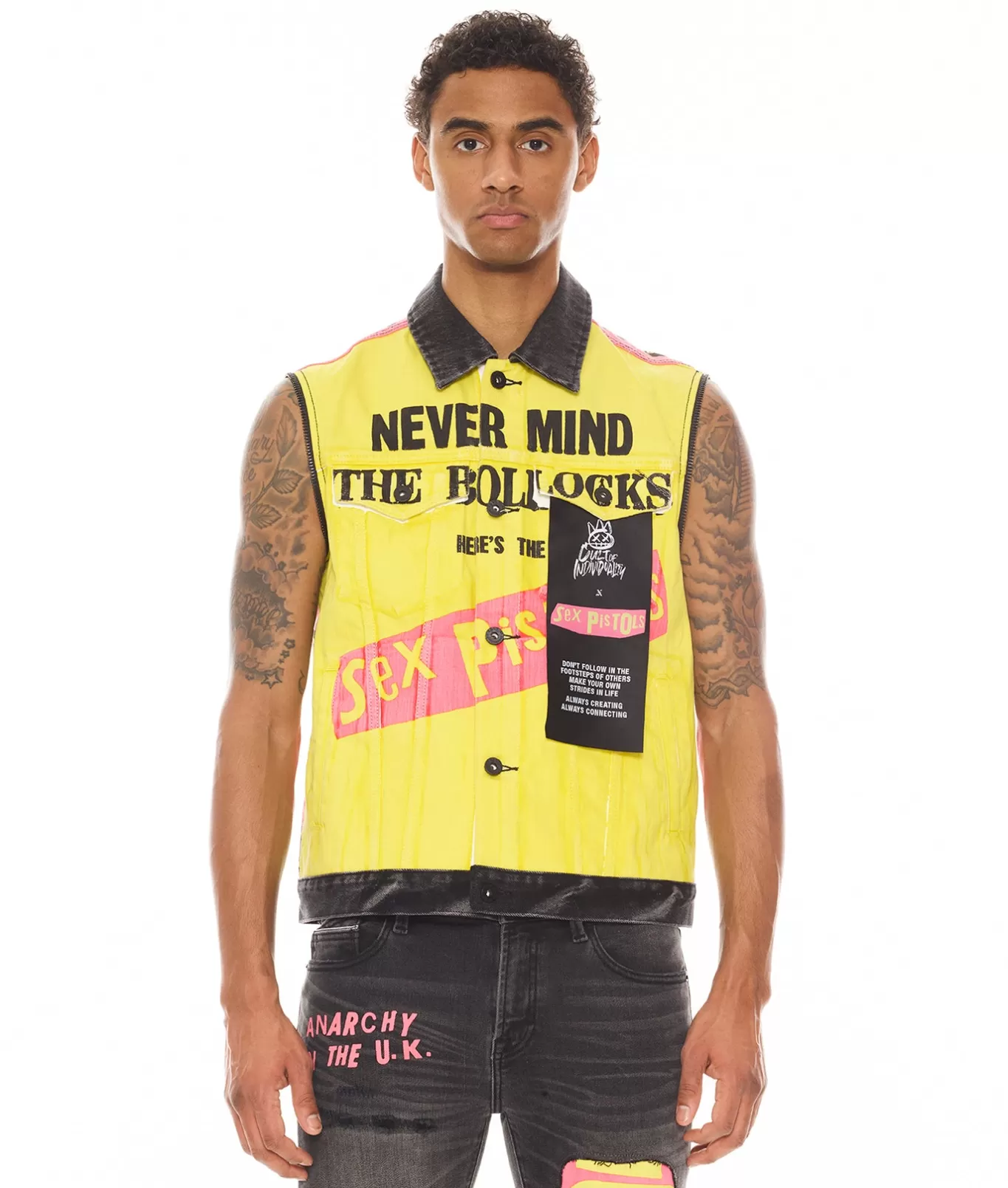 Cult Of Individuality Denim Jackets | Denim Jackets<TYPE II JACKET WITH ZIP OFF SLEEVES "SEX PISTOLS" IN BOLLOCKS MULTI